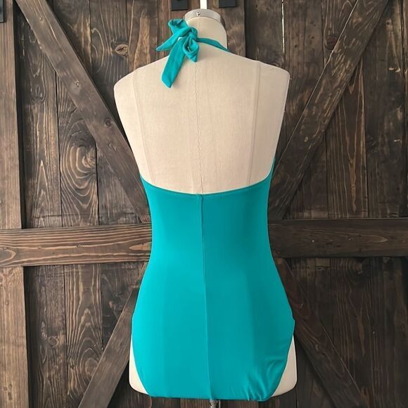 La Blanca turquoise ruched halter swimsuit Sz- 8 - Picture 4 of 11